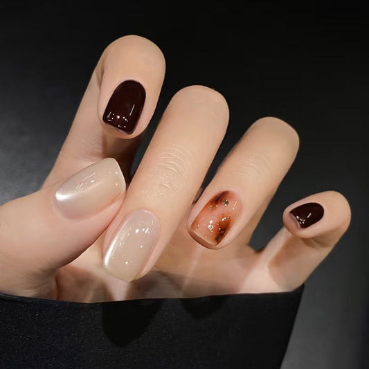 Autumn Elegance Short Square Burgundy Beige with Sparkling Accent Press On Nail Set