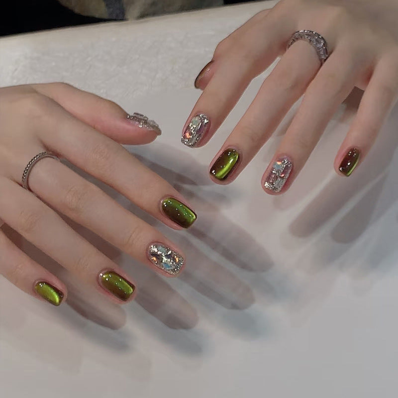 Enchanted Forest Green Short Square Press On Nail Set with Glittering Accents and Unique Shimmer Finish