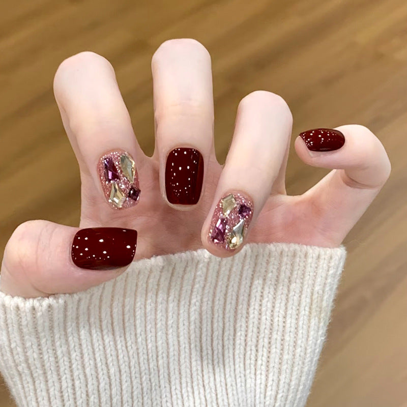 Glamorous Burgundy Short Square Press On Nail Set with Sparkling Gemstone Accents