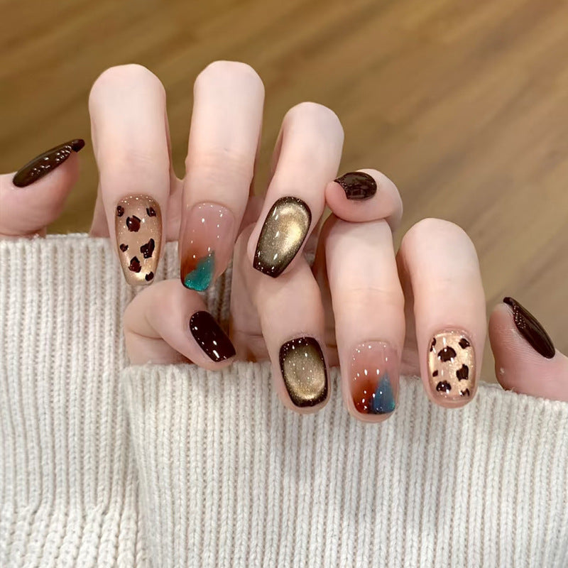 Chic Leopard Dream Short Square Brown Ombre with Glitter Accents Press On Nail Set