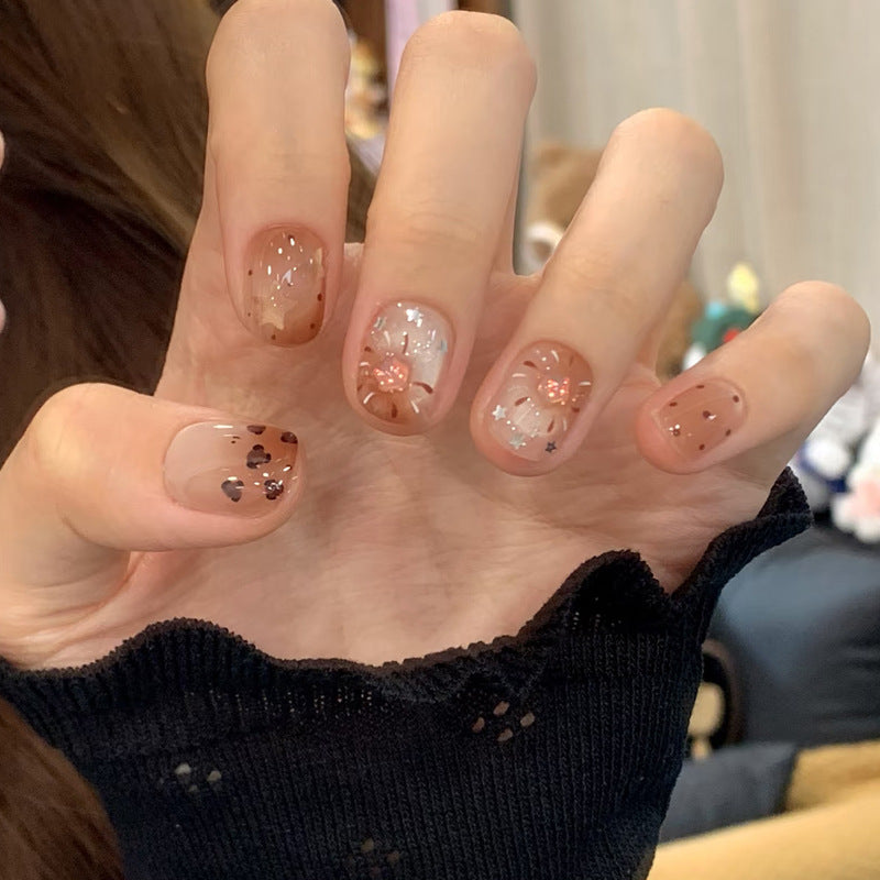 Whimsical Autumn Short Square Beige with Floral Accents Press On Nail Set