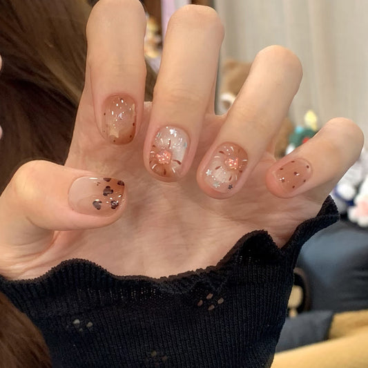 Whimsical Autumn Short Square Beige with Floral Accents Press On Nail Set