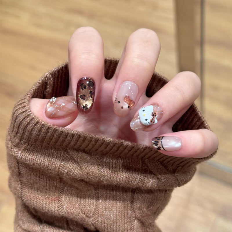 Whimsical Wonderland Medium Oval Brown Glitter Heart Press on Nail Set with Cute Animal Designs