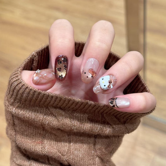 Whimsical Wonderland Medium Oval Brown Glitter Heart Press on Nail Set with Cute Animal Designs