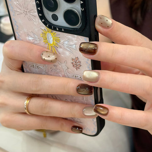 Autumn Elegance Short Square Press On Nail Set in Earthy Brown and Beige with Shimmering Accents