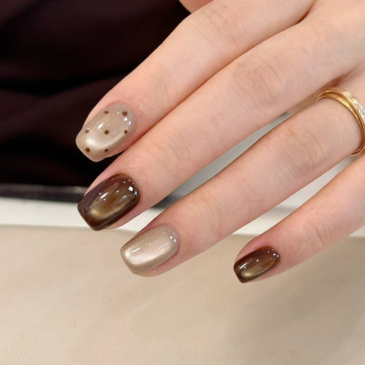 Coffee Dream Short Square Brown Ombre Press On Nail Set with Unique Polka Dot Accents