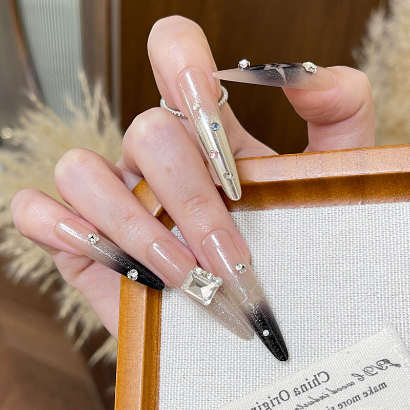 Glamorous Ombre Long Stiletto Gradient Black and Clear Press On Nail Set with Sparkling Gem Accents