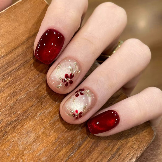 Elegant Floral Dream Short Square Burgundy Press-On Nail Set with Glittering Gold Accents