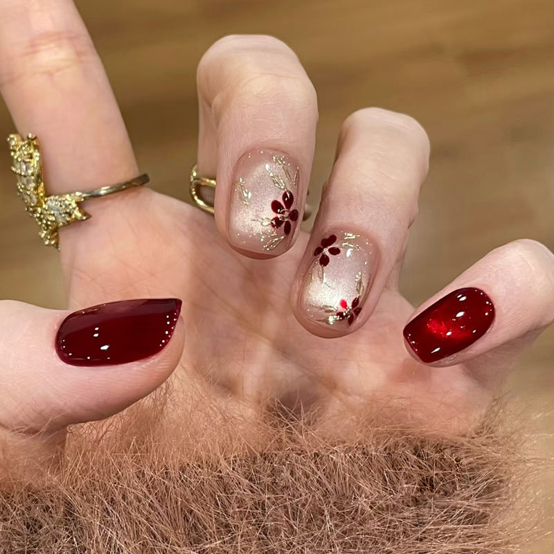 Charming Blossom Dreamy Short Square Burgundy Press On Nail Set with Elegant Floral Accents