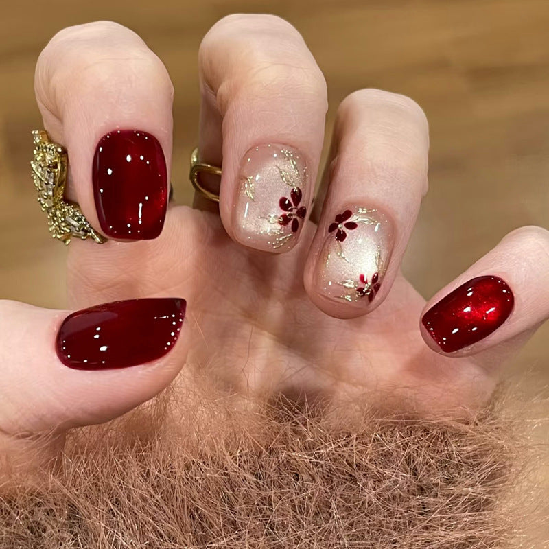 Blossoming Elegance Short Square Burgundy with Floral Accents and Sparkling Finish Press on Nail Set