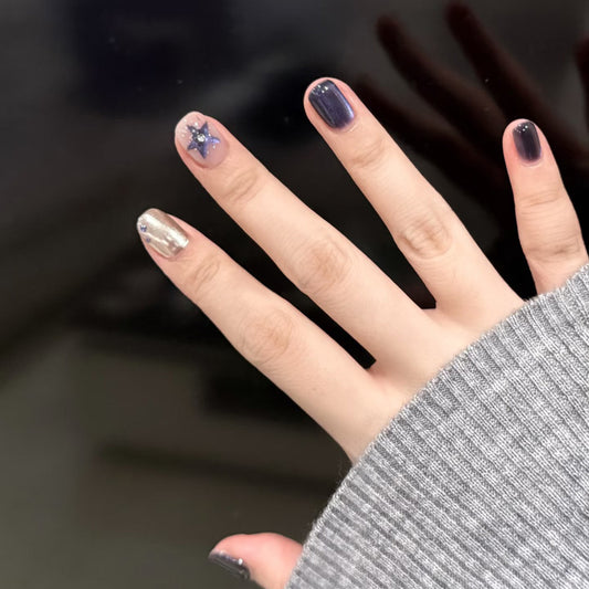 Celestial Glamour Short Square Deep Blue and Silver Star-Studded Press on Nail Set