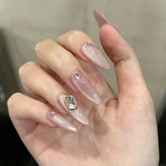 Glamorous Serenity Long Almond Blush Pink with Crystal Accents Press on Nail Set