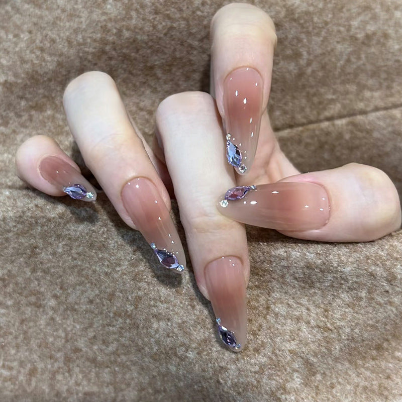 Glamorous Elegance Long Almond Beige Press On Nail Set with Dazzling Gemstone Accents