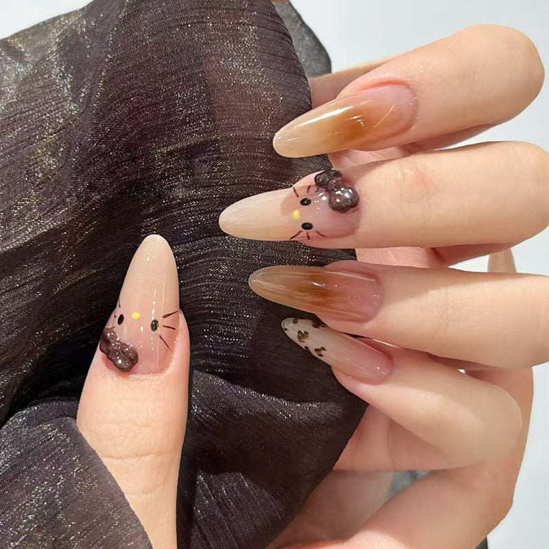 Whimsical Cat Inspired Long Almond Orange Ombre Press On Nail Set with Adorable Character Design