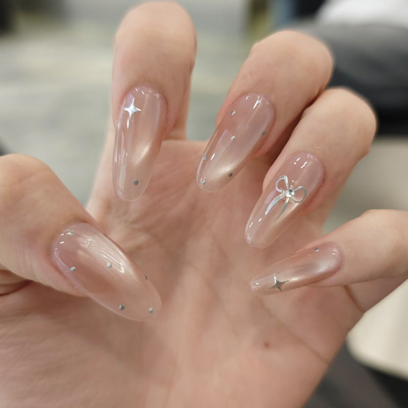 Whimsical Elegance Long Almond Transparent with Glitter and Bow Nail Set