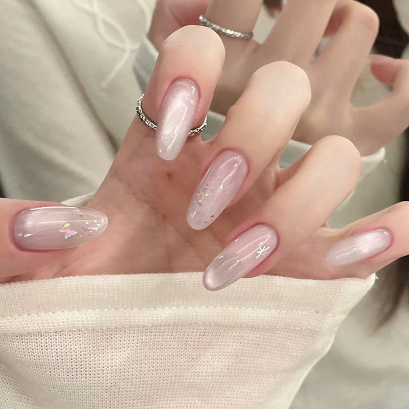 Enchanting Starry Night Long Oval Pink Gradient Press on Nail Set with Glitter Accents