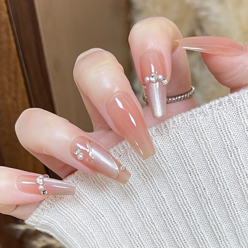 Chic Elegance Long Coffin Pink with Iridescent Accent and Bejeweled Detail Press On Nail Set