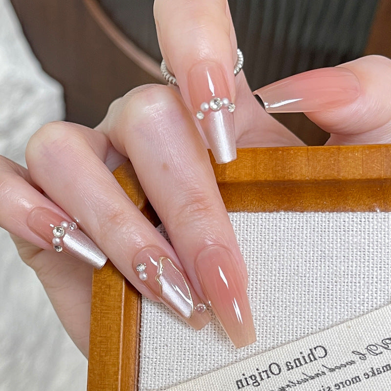Glamorous Elegance Long Coffin Pink Ombre Nail Set with Pearlescent Accents