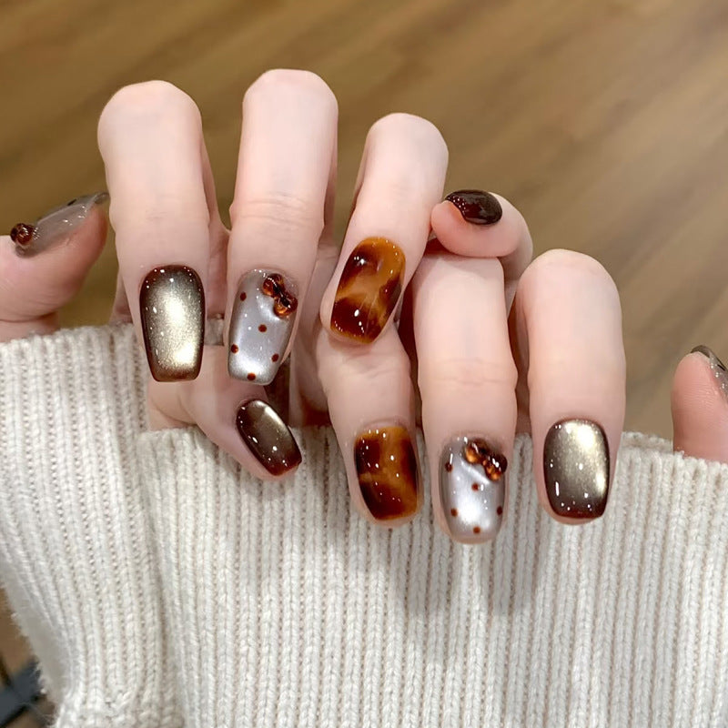 Autumn Bliss Medium Square Brown and Gold Gradient with Dazzling Floral Accents Press On Nail Set