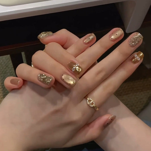 Glamorous Elegance Short Square Gold Glitter Press On Nail Set with Luxurious Shine