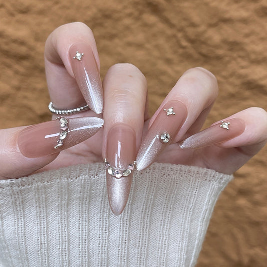 Glamorous Elegance Long Almond Beige with Dazzling Rhinestones and Shimmering Tips Press On Nail Set