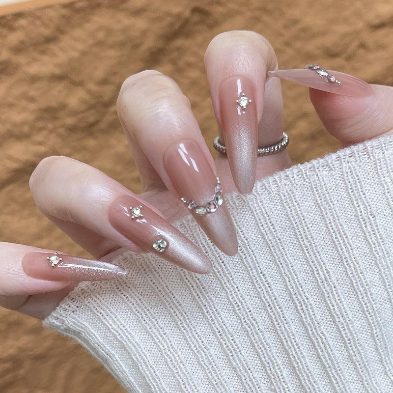 Elegant Twilight Long Almond Beige Press-On Nail Set with Dazzling Rhinestone Accents