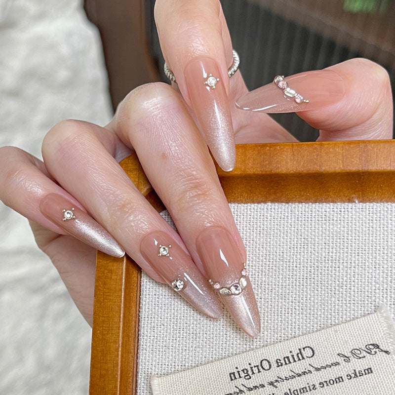 Celestial Elegance Long Almond Gradient Pink Nails with Sparkling Gem Accents