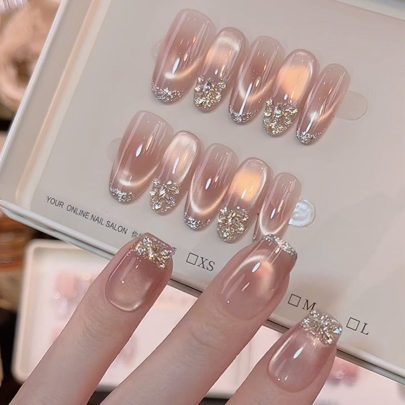 Glamorous Elegance Short Square Blush Pink with Sparkling French Tip Press On Nail Set