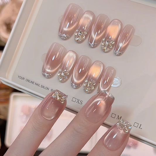 Glamorous Elegance Short Square Blush Pink with Sparkling French Tip Press On Nail Set