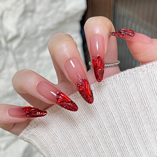 Red Velvet Romance Glamorous Long Stiletto Press On Nail Set with Glittering Heart Accents