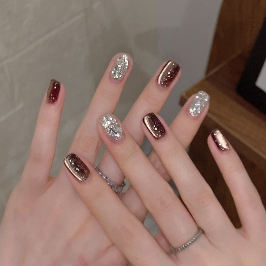 Glamorous Enchantment Short Square Burgundy Sparkle and Shimmer Press-On Nail Set