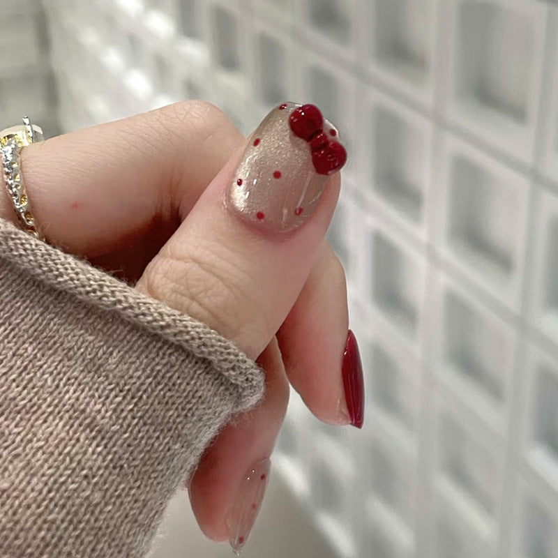 Charming Fairy Tale Elegant Short Square Shaped Rich Burgundy and Delightful Red Bow Press On Nail Set