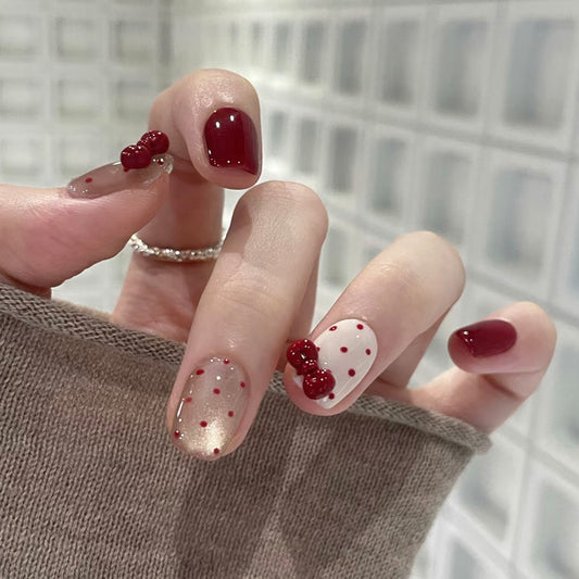 Cherry Blossom Dream Short Square Red and Beige with Playful Cherry Accents Press on Nail Set