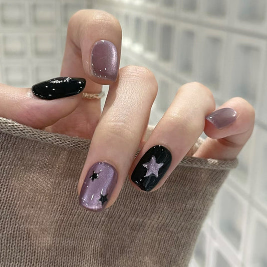 Cosmic Elegance Short Square Black and Shimmery Purple with Star Accents Press-On Nail Set