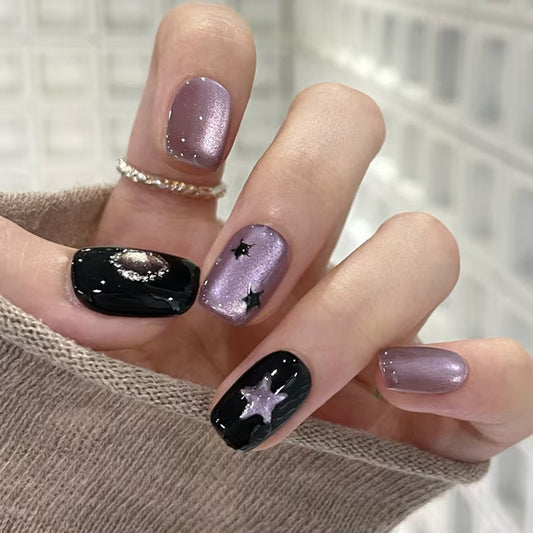 Galactic Glamour Square Short Purple and Black with Celestial Design Press On Nail Set
