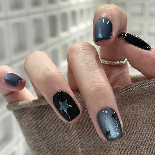 Celestial Elegance Short Square Dark Gray and Black Press On Nail Set with Starry Accents