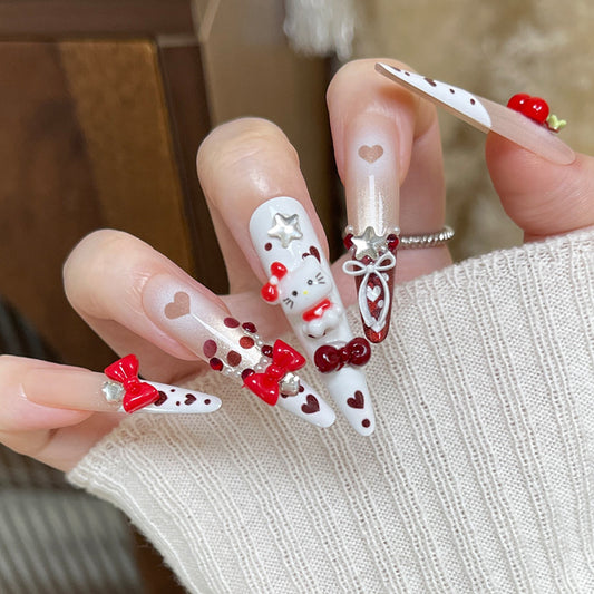 Sweet Romance Elegant Long Almond White and Red Press On Nail Set with Charming Character Accents
