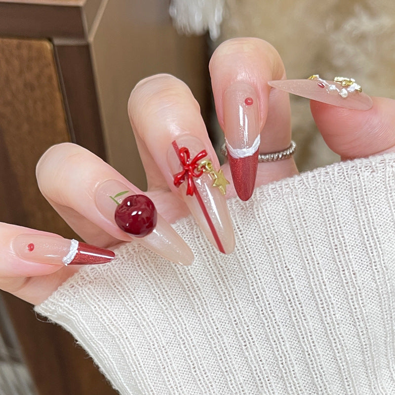 Festive Charm Long Almond Red with Captivating Holiday Accents Press On Nail Set