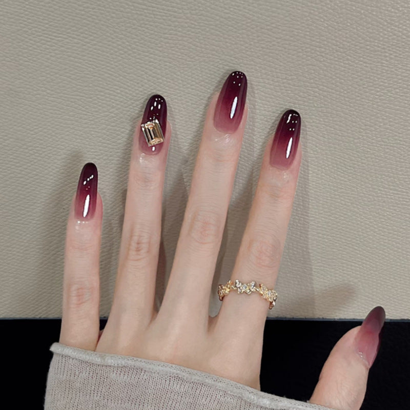 Glamorous Evening Elegance Extra Long Almond Ombre Burgundy with Stunning Gem Accents Press On Nail Set
