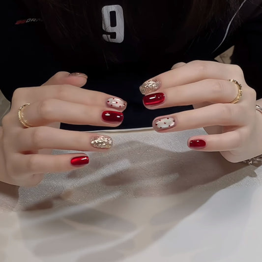 Festive Elegance Short Square Shaped Deep Red with Sparkling Gold Accent Press On Nail Set