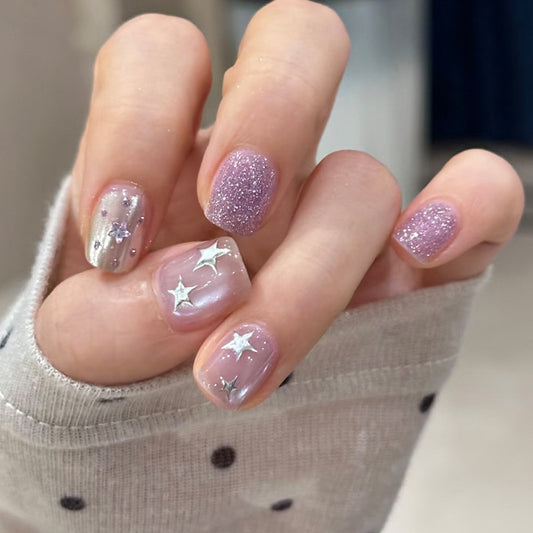 Celestial Dreams Short Square Pink Glittery Press-On Nail Set with Charming Star Accents