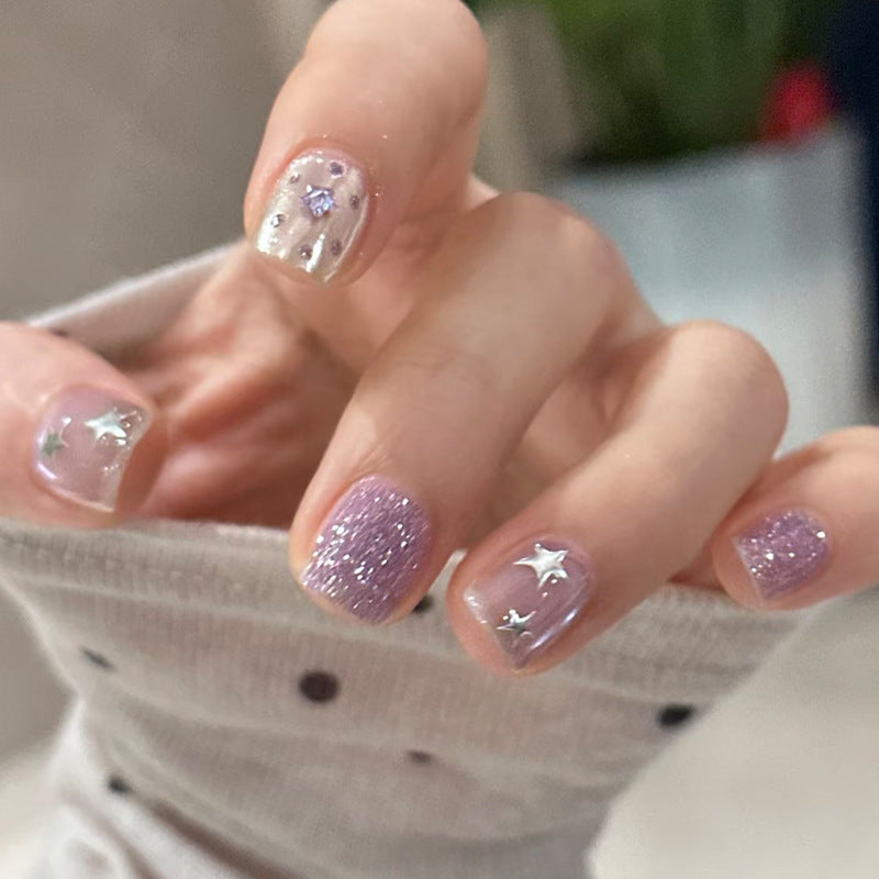 Celestial Charm Short Square Glittery Purple Stars Press On Nail Set