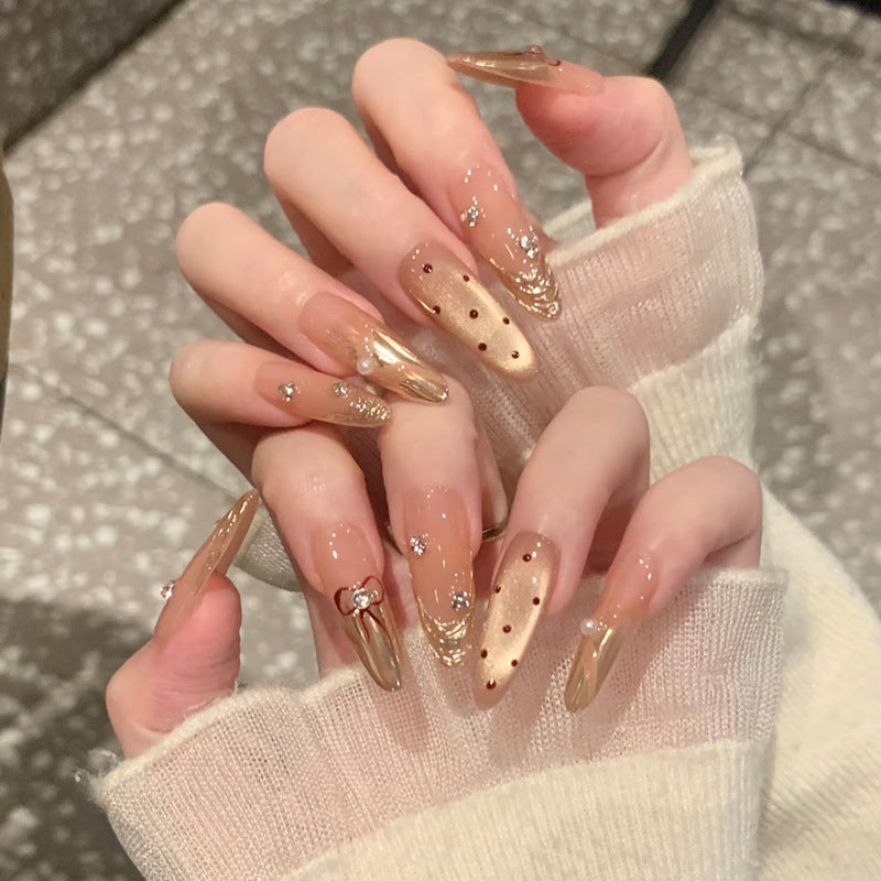 Gilded Elegance Long Almond Beige Press On Nail Set with Sparkling Gems