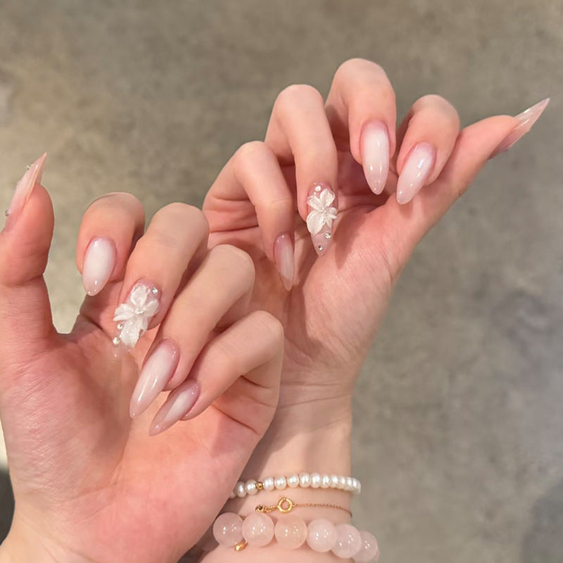 Elegant Fantasy Long Almond Shaped Pink Nail Set with Floral Accents