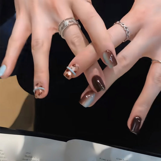 Chic Elegance Short Square Brown and Mint Gradient with Metallic Accents Press on Nail Set