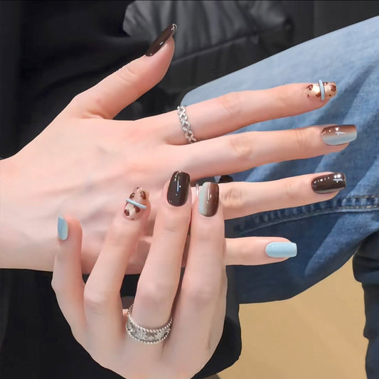 Chic Coffee Vibe Short Square Brown and Blue Press On Nail Set with Unique Accent Design