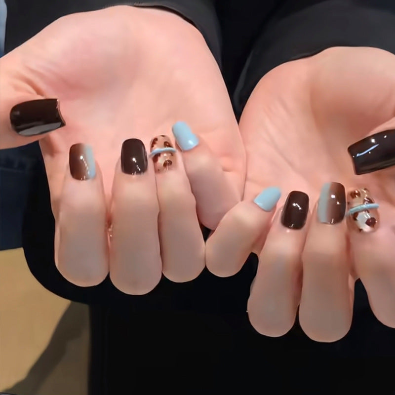 Charming Autumn Dreams Short Square Brown Blue Glittering Accent Press On Nail Set