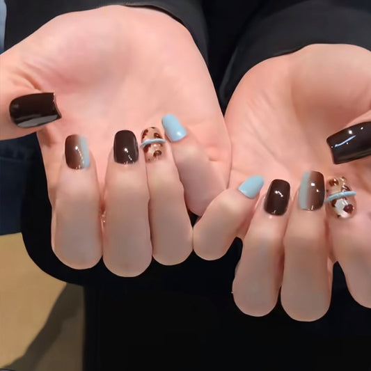 Charming Autumn Dreams Short Square Brown Blue Glittering Accent Press On Nail Set