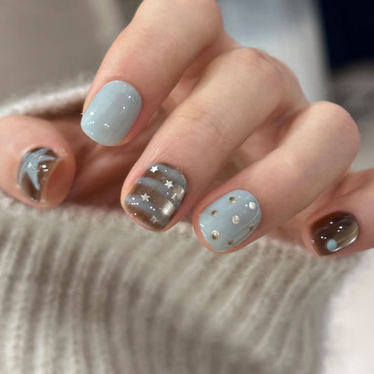 Celestial Dreams Short Square Pastel Blue with Star and Dot Embellishments Press-On Nail Set