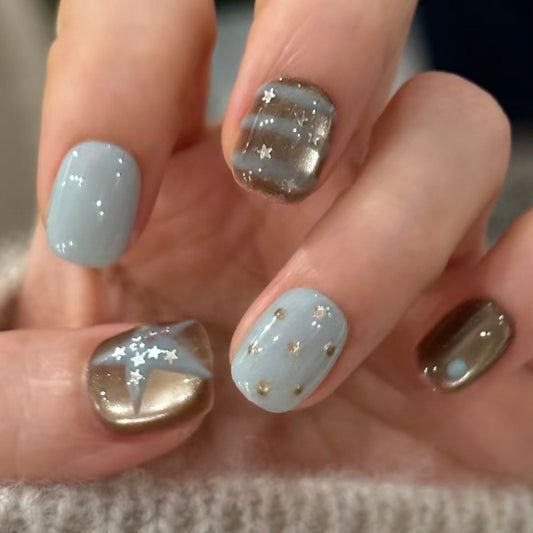 Celestial Charm Short Square Blue and Brown Press On Nail Set with Starry Accents